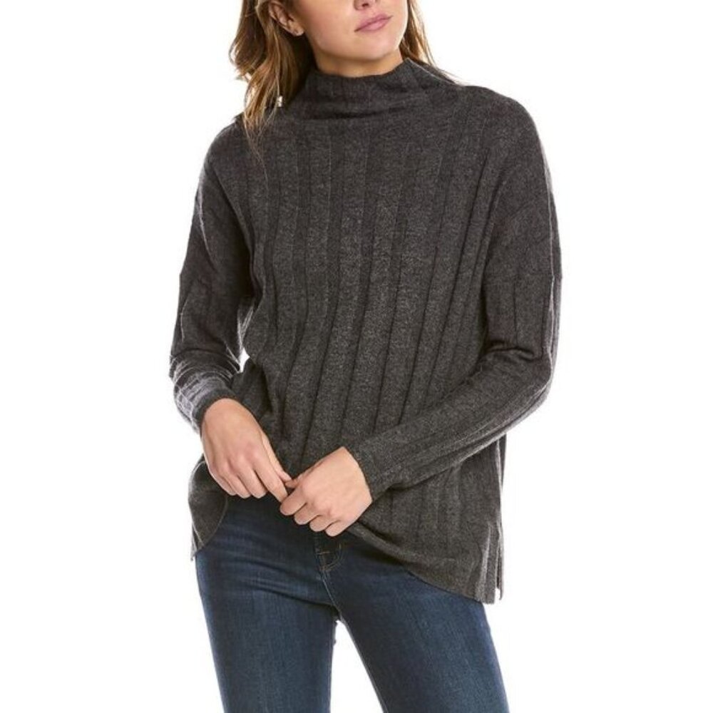 Forte Gray Green Cashmere Ribbed Striped Funnel Mock Neck Sweater Women's L